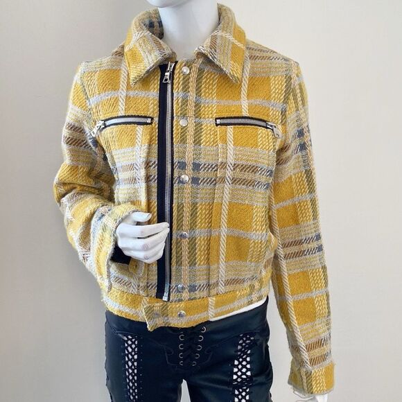 RTA Ivana Yellow Plaid Check Moto Jacket Yellow Plaid Jacket w Zipper Details - Picture 1 of 10